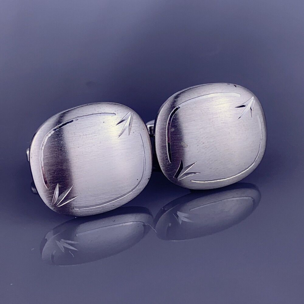 Simple Square Silver Tone Cufflinks Brushed Face Etched Border Foster Vintage